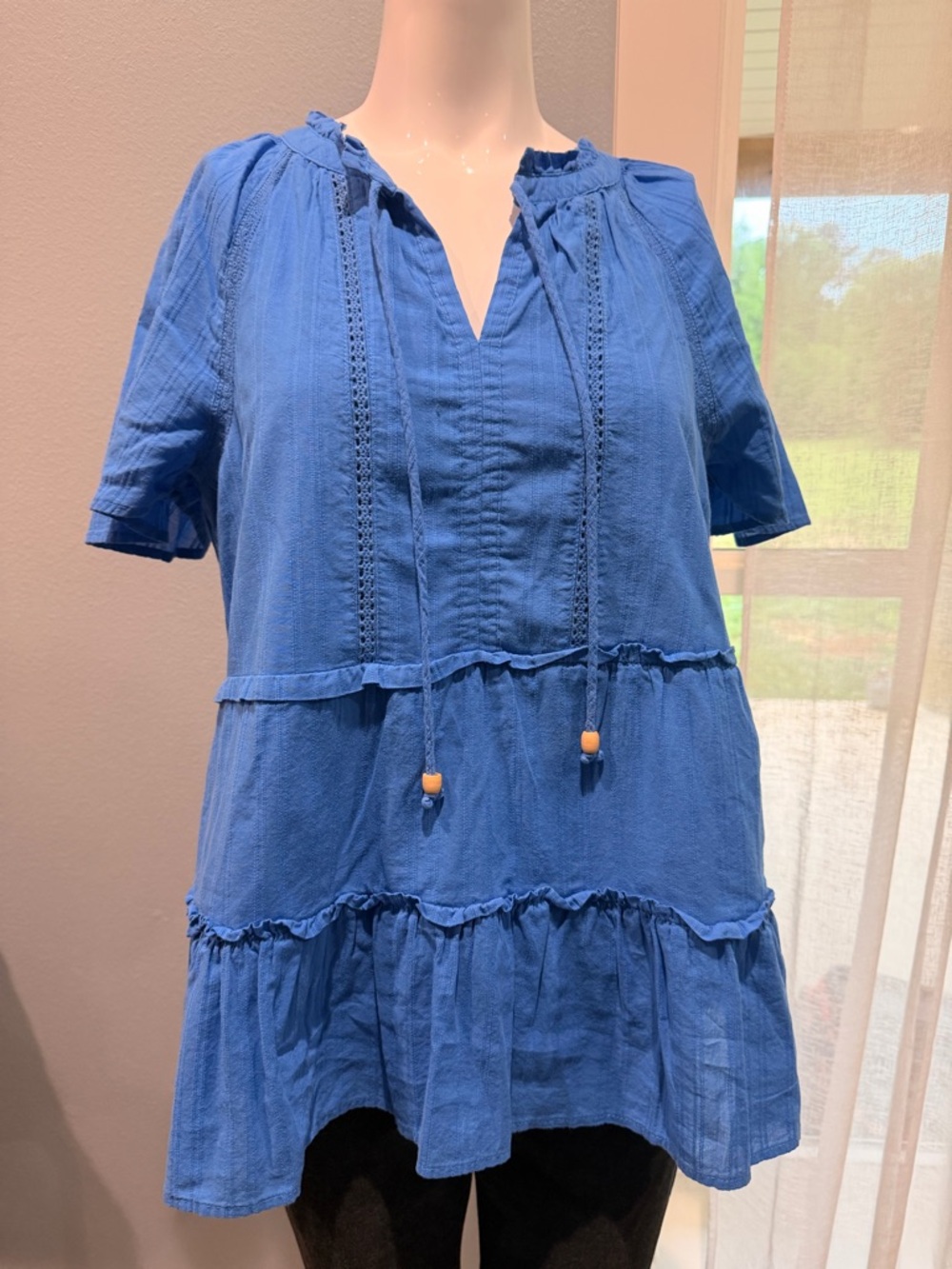 Wonderly Sky Blue Ruffled Tiered Peasant 100% Gauze Cotton Feel Eyelet Top M